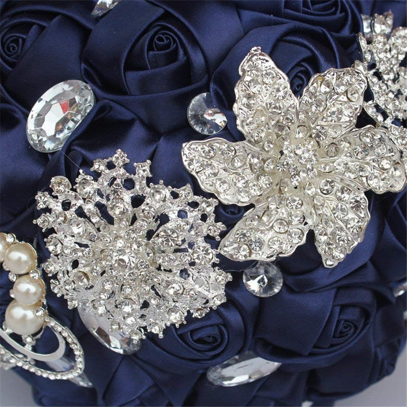 Flonding Wedding Bouquets Crystal Satin Rose Bride Bridal Bouquet Romantic Bridesmaid Holding Flower for Valentine's Day Confession Party Church Decor (Navy) - Image 5